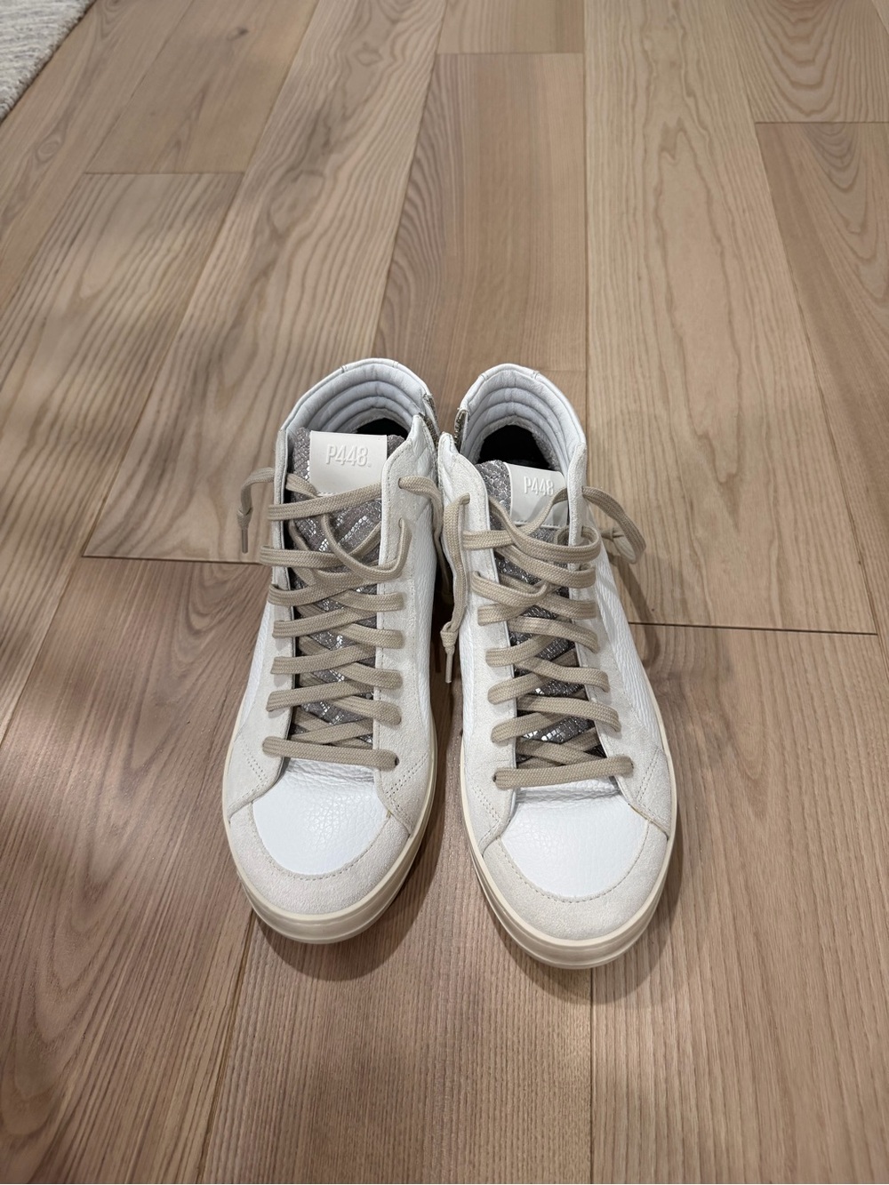 P448 John White Leather High Top Sneakers Beige Suede Side Zip Women’s EU 39